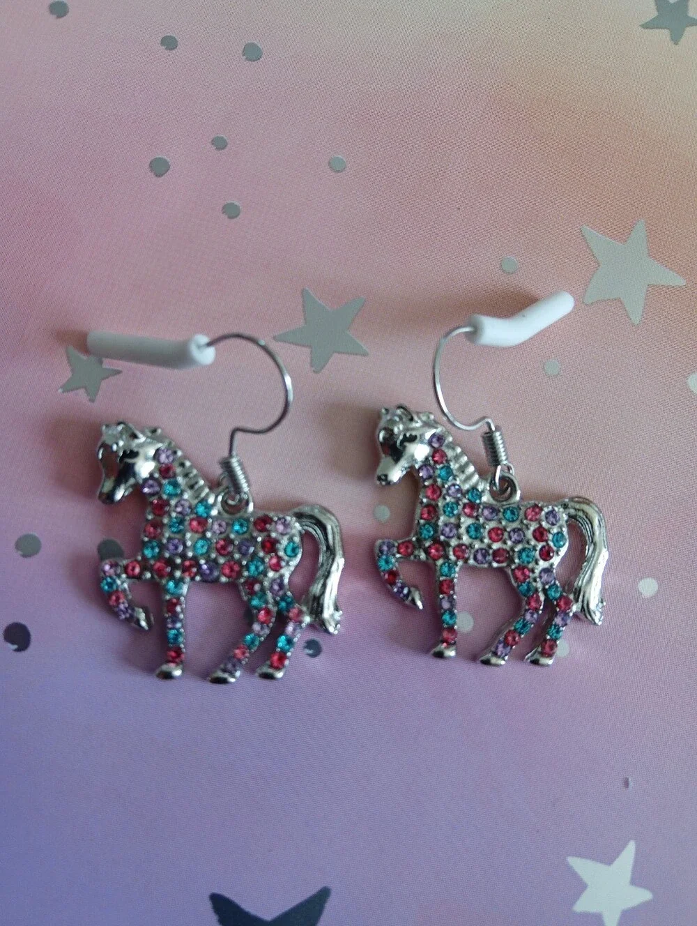 Children's Pink & Teal Rhinestone Pony Dangle Earrings
